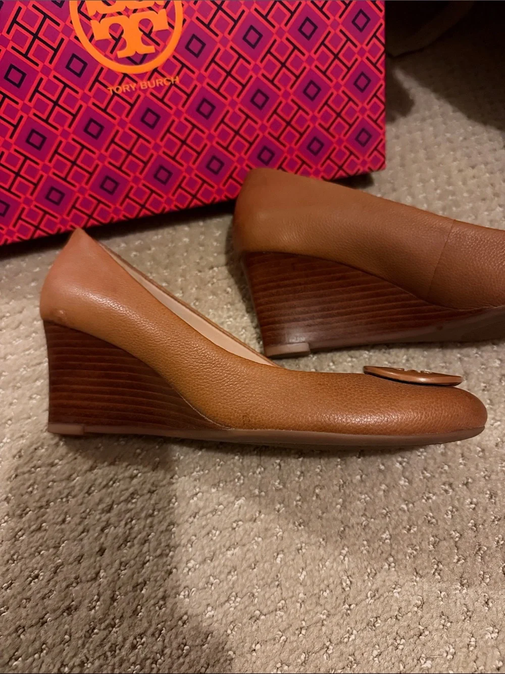 Tory Burch Brown Leather Logo Round-Toe Wedges